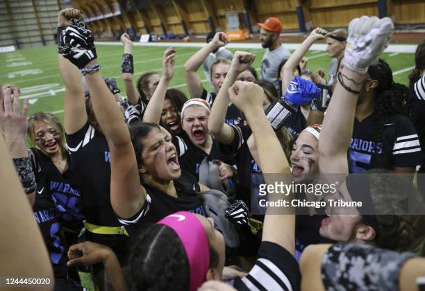 Willowbrook High School&apos;s Roslyn Sanchez, center left, leads her team in celebration after winning the championship game at the first-ever...