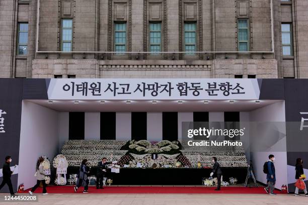 The group memorial for the victims of the Halloween Itaewon disaster in front of Seoul City Hall on November 3, 2022 in Seoul, South Korea. The...