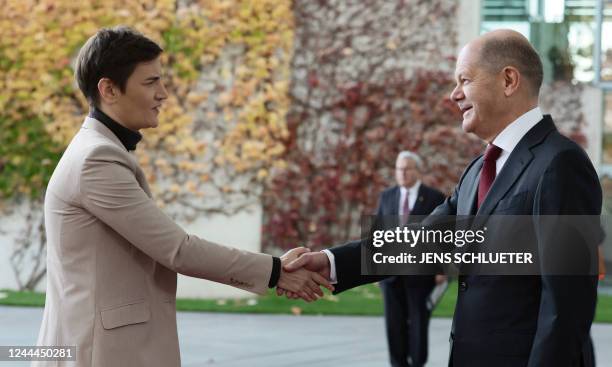 Serbian Prime Minister Ana Brnabic is welcomed by German Chancellor Olaf Scholz for the Berlin Process 2022 Western Balkans Summit at the Chancellery...