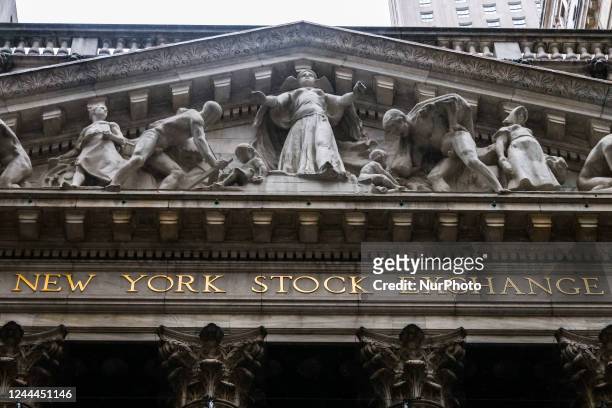 Main facade of New York Stock Exchange building in the Financial District of Lower Manhattan, New York, United States, on October 23, 2022.