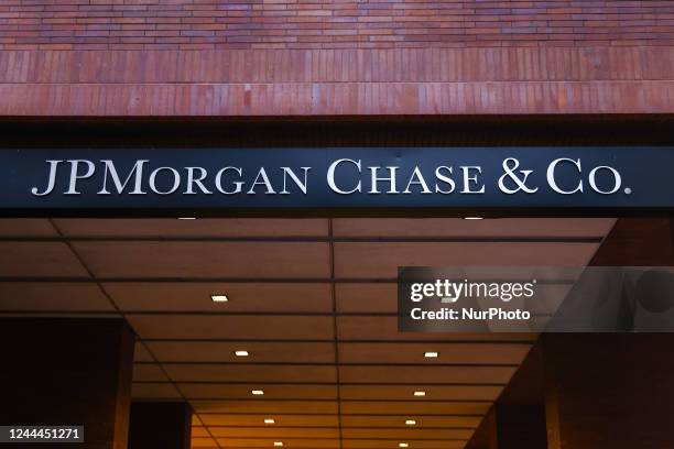 JPMorgan Chase And Co. Logo is seen on a builindg in Lower Manhattan in New York, United States, on October 23, 2022.