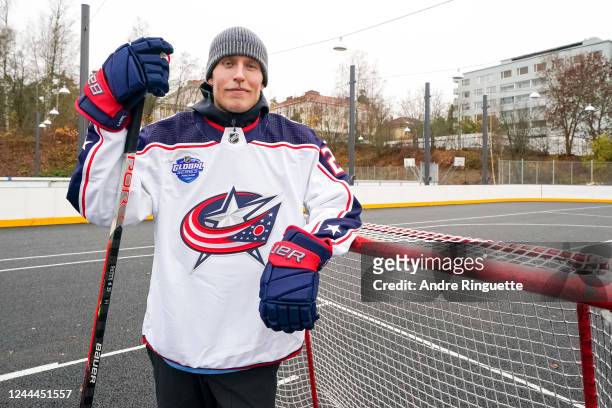 Patrik Laine of the Columbus Blue Jackets visits a childhood outdoor rink prior to the 2022 NHL Global Series Finland between the Colorado Avalanche...