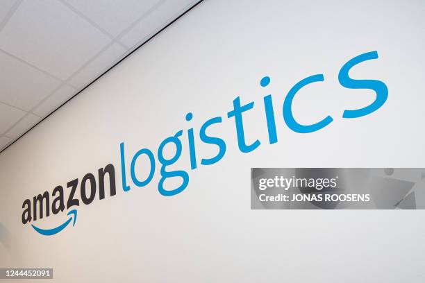 This photograph shows the logo of US online retail giant Amazon logistics during the inauguration of first Belgian delivery centre in Antwerp, on...