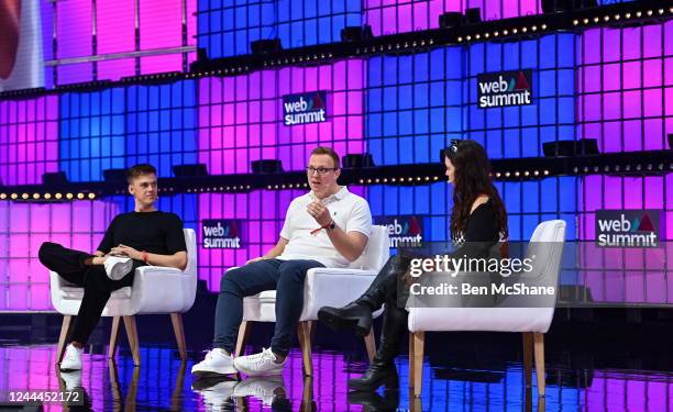 Lisbon , Portugal - 3 November 2022; Speakers from left, Caspar Lee, YouTube Star, Ben Jeffries, CEO, Influencer.com, and Sophia Smith Galer, Senior...