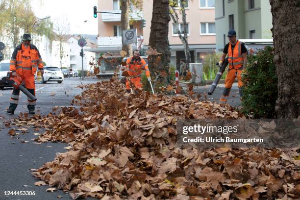 Removal of autumn leaves with leaf blowers and brooms by municipal employees on November 03, 2022 in Bonn, Germany.