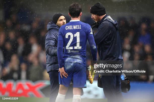 Ben Chilwell of Chelsea holds his hamstring after sustaining an injury during the UEFA Champions League group E match between Chelsea FC and Dinamo...