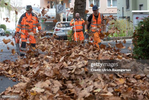 Removal of autumn leaves with leaf blowers and brooms by municipal employees on November 03, 2022 in Bonn, Germany.