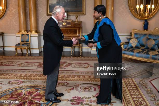 King Charles III during an audience with Dr Fatou Bensouda who presented the Letters of Recall of her predecessor, and her own Letters of Commission...