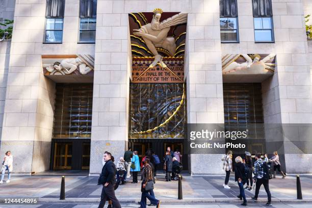 The entranceway relief sculpture by Lee Lawrie, located at the 30 Rockefeller Plaza building, at Rockefeller Center in Manhattan, New York, United...