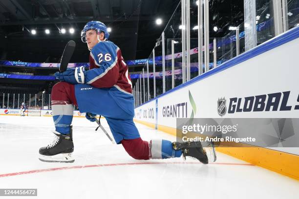 Jacob Macdonald of the Colorado Avalanche stretches during a practice session in the 2022 NHL Global Series Finland at Nokia Arena on November 3,...