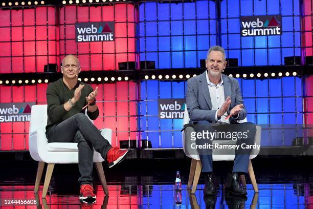 Lisbon , Portugal - 3 November 2022; Speakers from left, Tony Fadell, Principal, Future Shape, and Rene Haas, CEO, Arm, on Centre Stage during day...