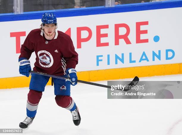 Bowen Byram of the Colorado Avalanche skates during a practice session before the 2022 NHL Global Series Finland against the Columbus Blue Jackets at...