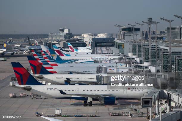 November 2022, Hessen, Frankfurt/Main: An Airbus A330-200 of the airline Delta stands in front of other aircraft at a gate at Frankfurt airport....