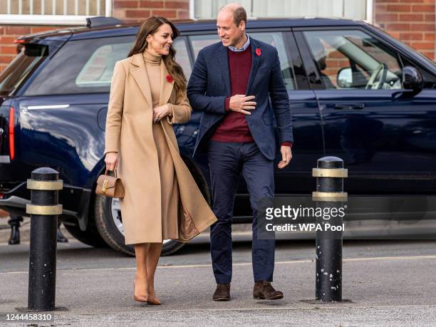 Catherine, Princess of Wales and Prince William, Prince of Wales arrive to visit "The Street" during their official visit to Scarborough on November...