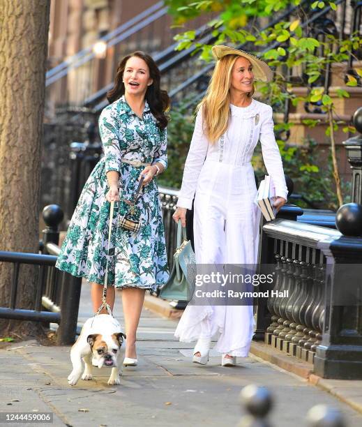 Kristin Davis and Sarah Jessica Parker are seen on the set of 'And Just Like That' on November 3, 2022 in New York City.