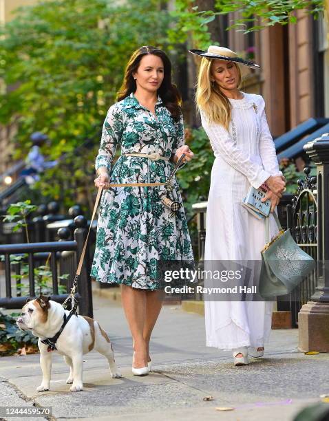 Kristin Davis and Sarah Jessica Parker works on the set of 'And Just Like That' on November 3, 2022 in New York City.