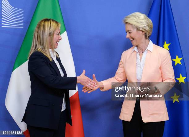 Italian Prime Minister Giorgia Meloni is welcome by the President of the European Commission Ursula von der Leyen prior to a bilateral meeting in the...
