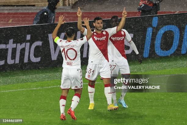 Monaco's German forward Kevin Volland celebrates after scoring a goal during the UEFA Europa League Group H football match between AS Monaco and...