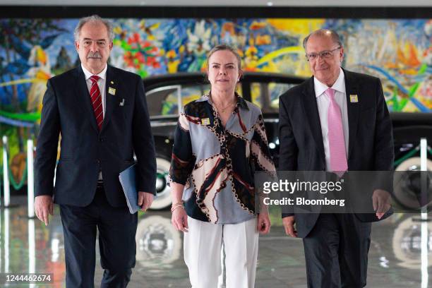 Aloizio Mercadante, campaign manager of The Workers' Party , from left, Senator Gleisi Hoffman, president of The Workers' Party , Geraldo Alckmin,...