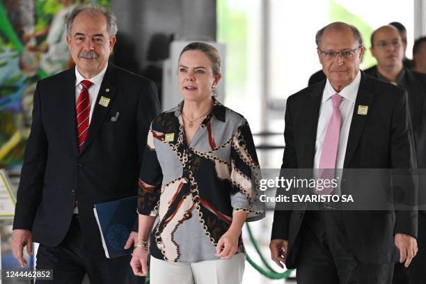 Brazilian Vice President-elect Geraldo Alckmin arrives to a press conference next to President of the Workers Party Gleisi Hoffmann and former...