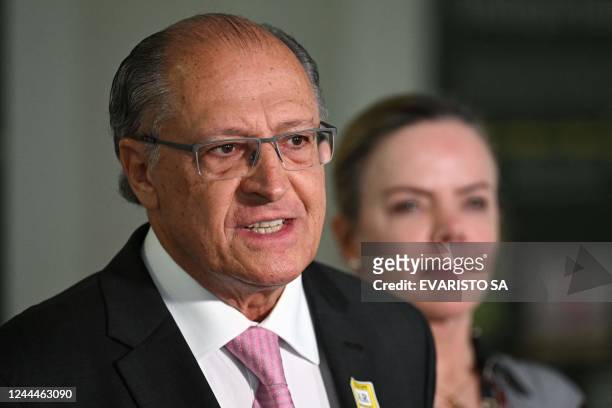 Brazilian Vice President-elect Geraldo Alckmin speaks to the press after a meeting with President's Bolsonaro Chief of Staff Ciro Nogueira to discuss...