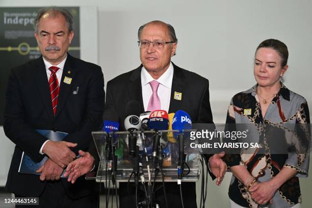 Brazilian Vice President-elect Geraldo Alckmin speaks to the press next to President of the Workers Party Gleisi Hoffmann and former senator Aloizio...
