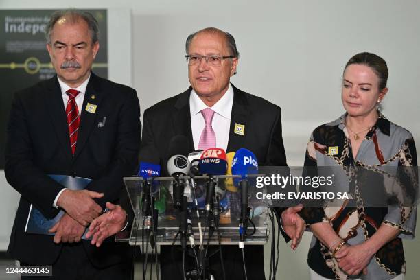 Brazilian Vice President-elect Geraldo Alckmin speaks to the press next to President of the Workers Party Gleisi Hoffmann and former senator Aloizio...