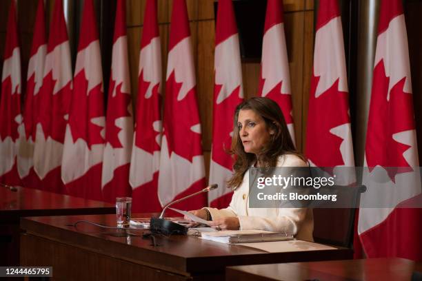 Chrystia Freeland, Canada's deputy prime minister and finance minister, speaks during a press conference before tabling the Fall Economic Statement...