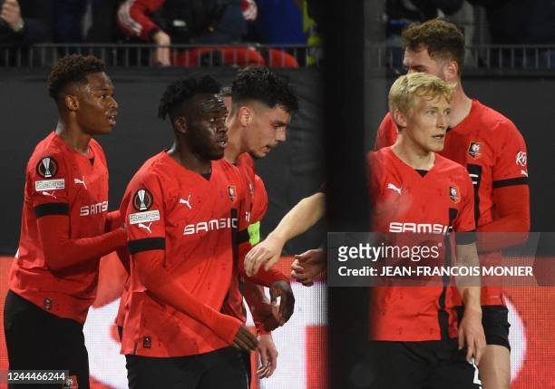Rennes' French forward Matthis Abline celebrates with teammates after scoring his team's first goal during the UEFA Europa League Group B football...