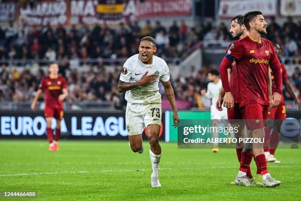 Ludogorets Razgrad's Brazilian forward Rick Morais celebrates after opening the scoring during the UEFA Europa League Group C football match between...