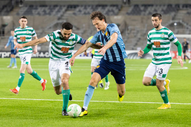 Shamrock Rovers Roberto Lopes in a duel with Djurgardens Hjalmar Ekdal during the UEFA Europa Conference League group G match between Djurgardens IF...