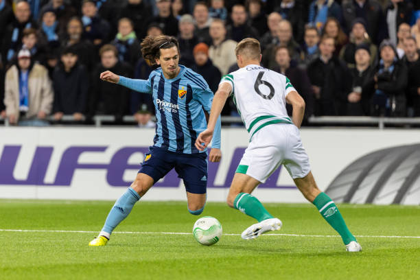 Djurgardens Gustav Wikheim in a duel with Shamrock Rovers Daniel Cleary during the UEFA Europa Conference League group G match between Djurgardens IF...