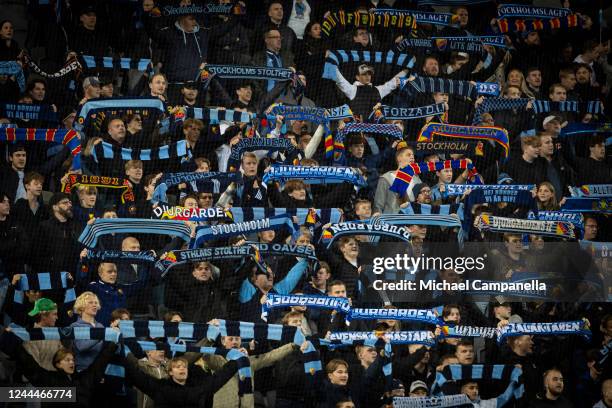 Djurgarden supporters hold scarves during the UEFA Europa Conference League group G match between Djurgardens IF and Shamrock Rovers at Tele2 Arena...