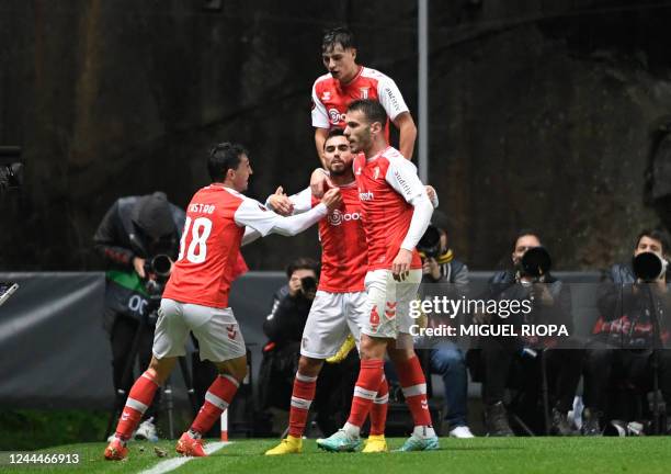 Sporting Braga's Portuguese midfielder Ricardo Horta celebrates with teammates after scoring a goal during the UEFA Europa League 1st round group D...