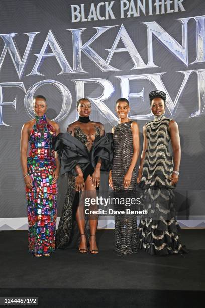 Florence Kasumba, Danai Gurira, Letitia Wright and Lupita Nyong'o attend the European Premiere of "Black Panther: Wakanda Forever" at Cineworld...