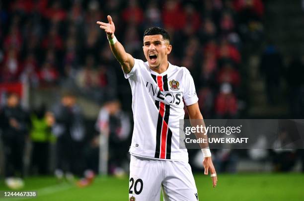 Nice's Algerian defender Youcef Atal reacts during the UEFA Europa Conference League Group D football match between FC Cologne and OGC Nice in...