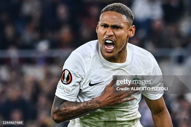 Ludogorets Razgrad's Brazilian forward Rick Morais celebrates after opening the scoring during the UEFA Europa League Group C football match between...