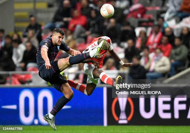 Malmo FF's Czech defender Matej Chalus vies with Sporting Braga's Guinea-Bissau forward Alvaro Djalo during the UEFA Europa League 1st round group D...