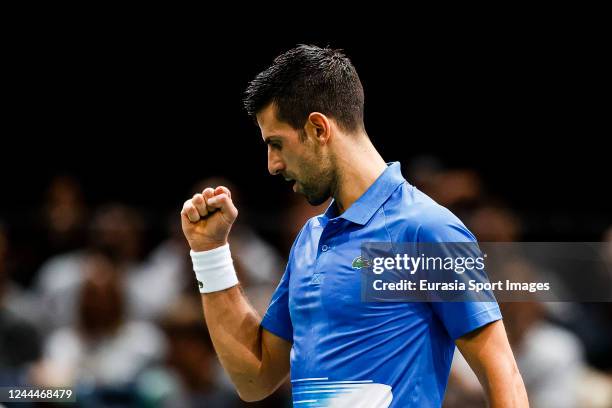 Novak Djokovic of Serbia celebrates a set won against Karen Khachanov during the Day Four of Rolex Paris Masters at Palais Omnisports de Bercy on...