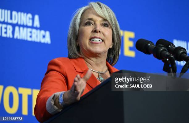 New Mexico State Governor Michelle Lujan Grisham speaks at a rally hosted by the Democratic Party of New Mexico at Ted M. Gallegos Community Center...
