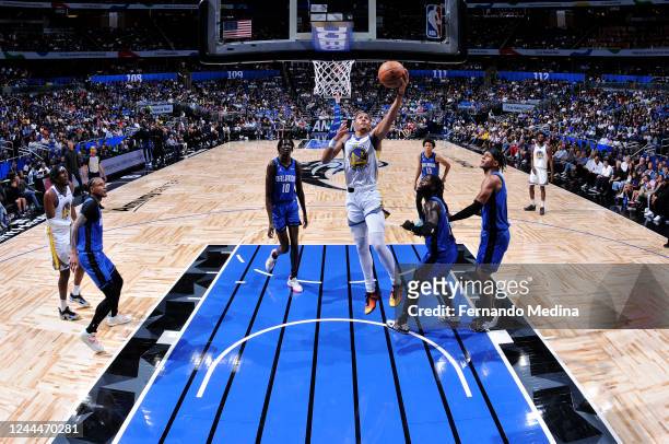 Jordan Poole of the Golden State Warriors drives to the basket during the game against the Orlando Magic on November 2, 2022 at Amway Center in...