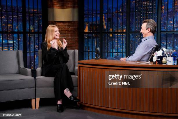 Episode 1350 -- Pictured: Actress Evan Rachel Wood during an interview with host Seth Meyers on November 3, 2022 --