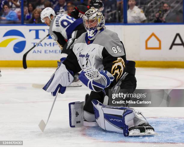 Goalie Andrei Vasilevskiy of the Tampa Bay Lightning tends net against the Carolina Hurricanes during the first period at Amalie Arena on November 3,...