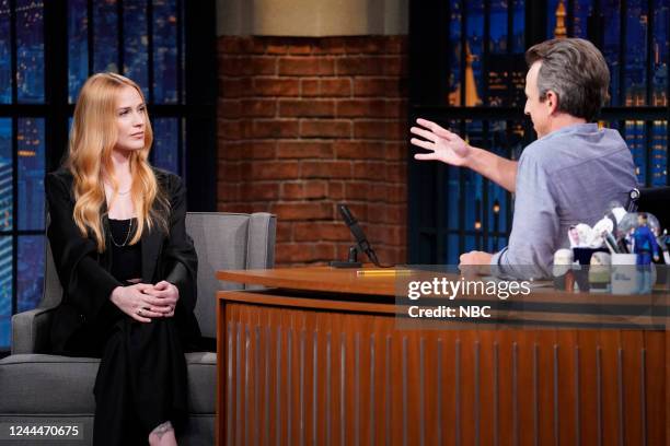 Episode 1350 -- Pictured: Actress Evan Rachel Wood during an interview with host Seth Meyers on November 3, 2022--