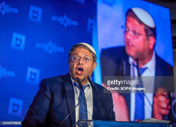 Leader of the ultranationalist party Otzma Yehudity Itamar Ben-Gvir speaks to supporters in Jerusalem after hearing the results of the exit polls...