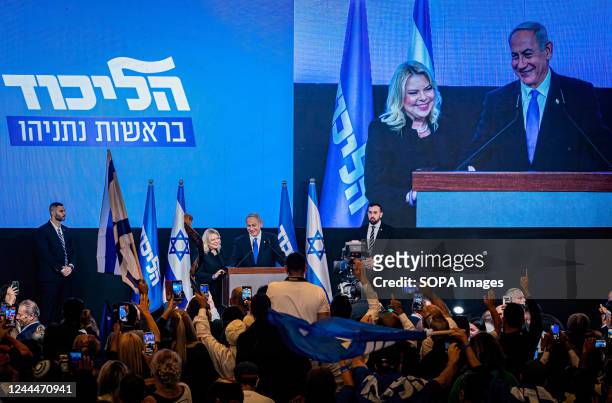 Former Israeli Prime Minister Benjamin Netanyahu and his wife Sarah during the general elections celebrations. With more than 90% of the votes...