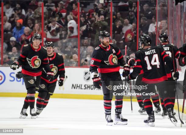 Claude Giroux of the Ottawa Senators celebrates his first period goal against the Vegas Golden Knights at Canadian Tire Centre on November 3, 2022 in...