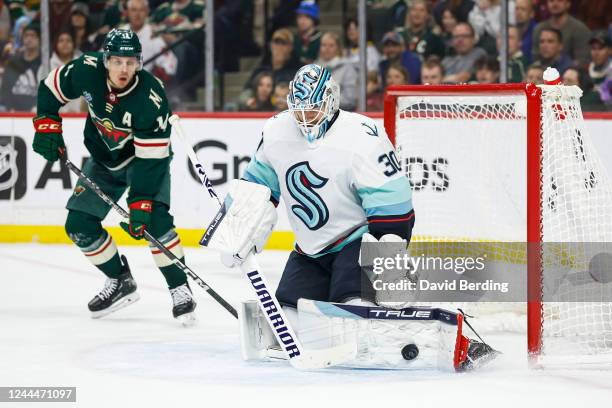 Martin Jones of the Seattle Kraken makes a save against the Minnesota Wild in the first period at Xcel Energy Center on November 3, 2022 in St. Paul,...