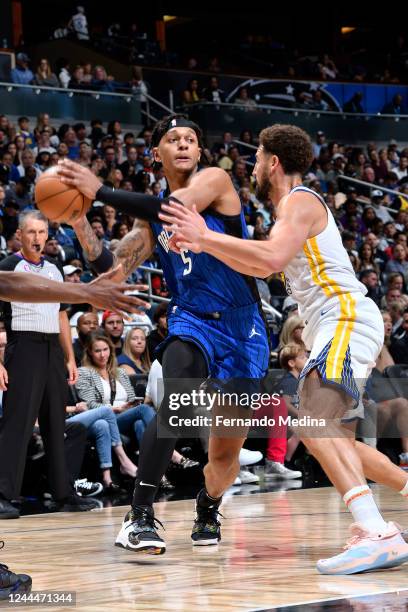 Paolo Banchero of the Orlando Magic passes the ball during the game against the Golden State Warriors on November 2, 2022 at Amway Center in Orlando,...