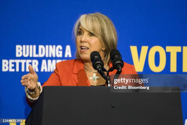 Michelle Lujan Grisham, governor of New Mexico, speaks during a New Mexico Democrats rally with US President Joe Biden in Albuquerque, New Mexico,...